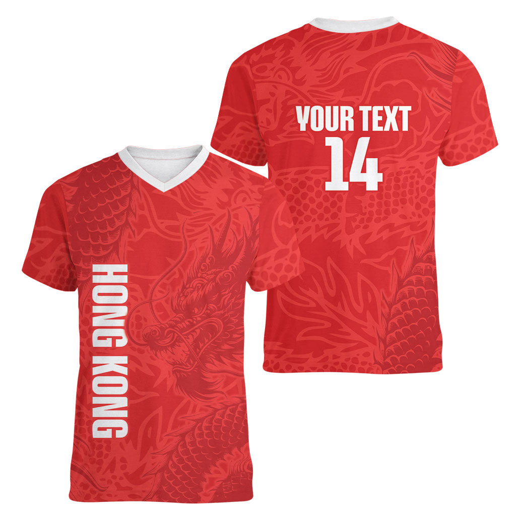 Custom Hong Kong Rugby 2026 Women V-Neck T-Shirt Go Dragon Red Version