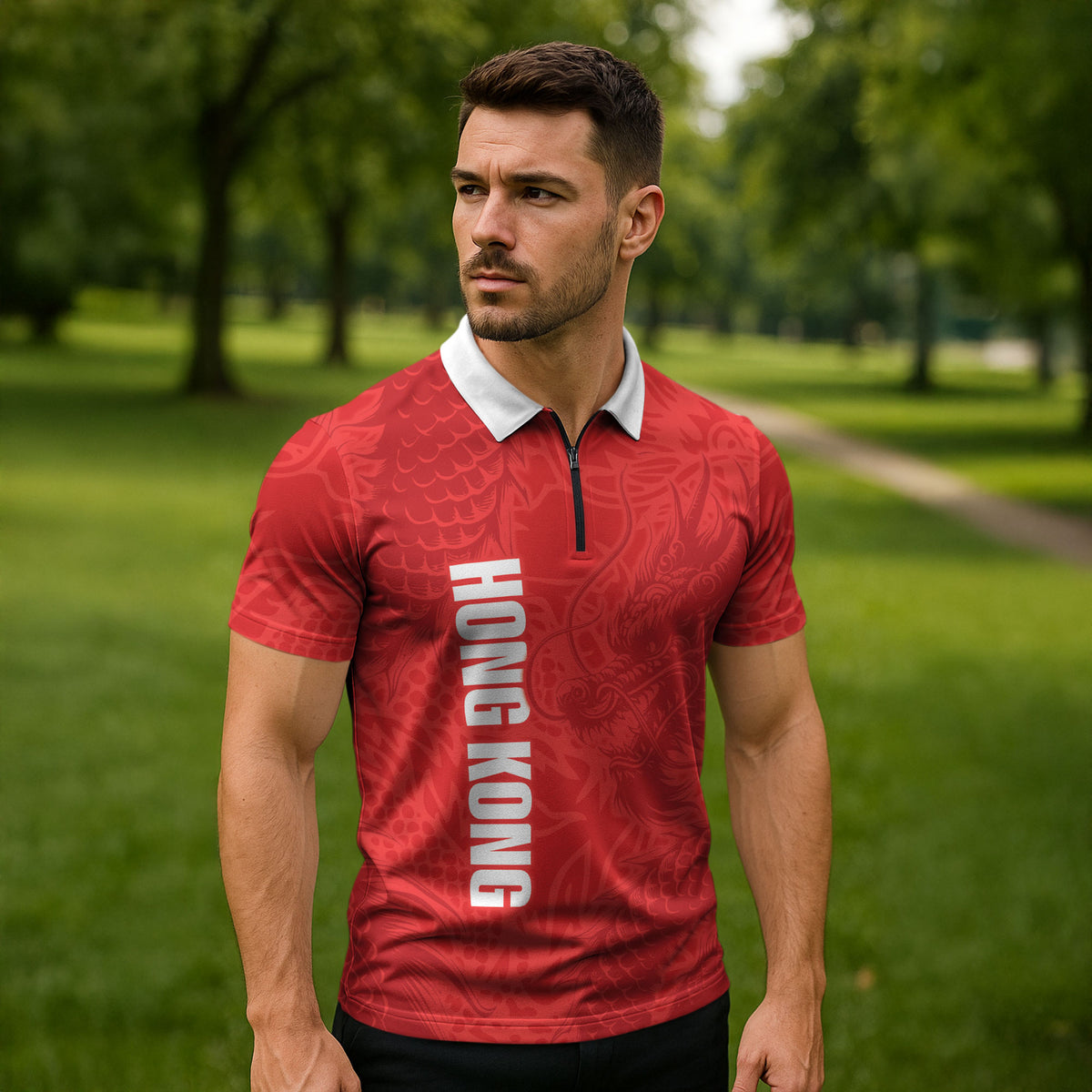 Custom Hong Kong Rugby 2026 Zipper Polo Shirt Go Dragon Red Version
