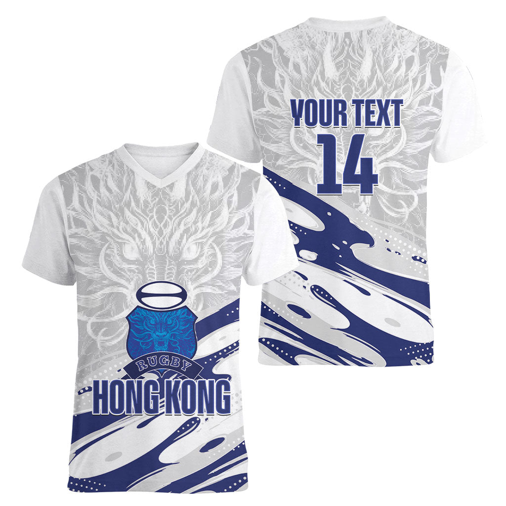 Custom Hong Kong Rugby 2026 Women V-Neck T-Shirt Go Dragon White Version