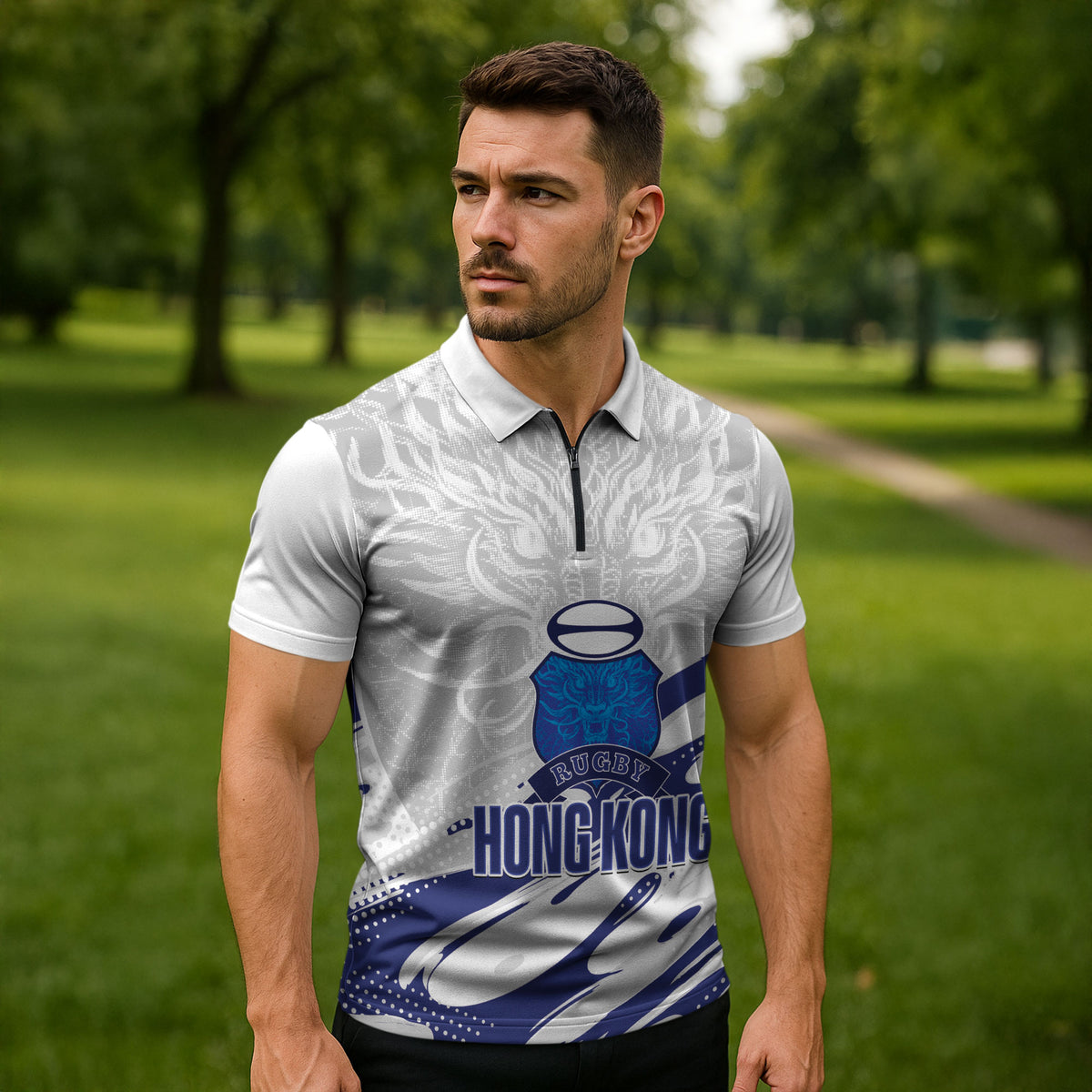 Custom Hong Kong Rugby 2026 Zipper Polo Shirt Go Dragon White Version