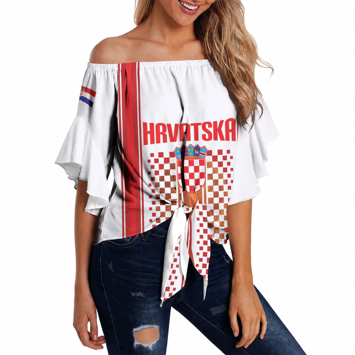 Custom Croatia Football 2026 Off Shoulder Wrap Waist Top Hrvatska Checkerboard Trophy Style