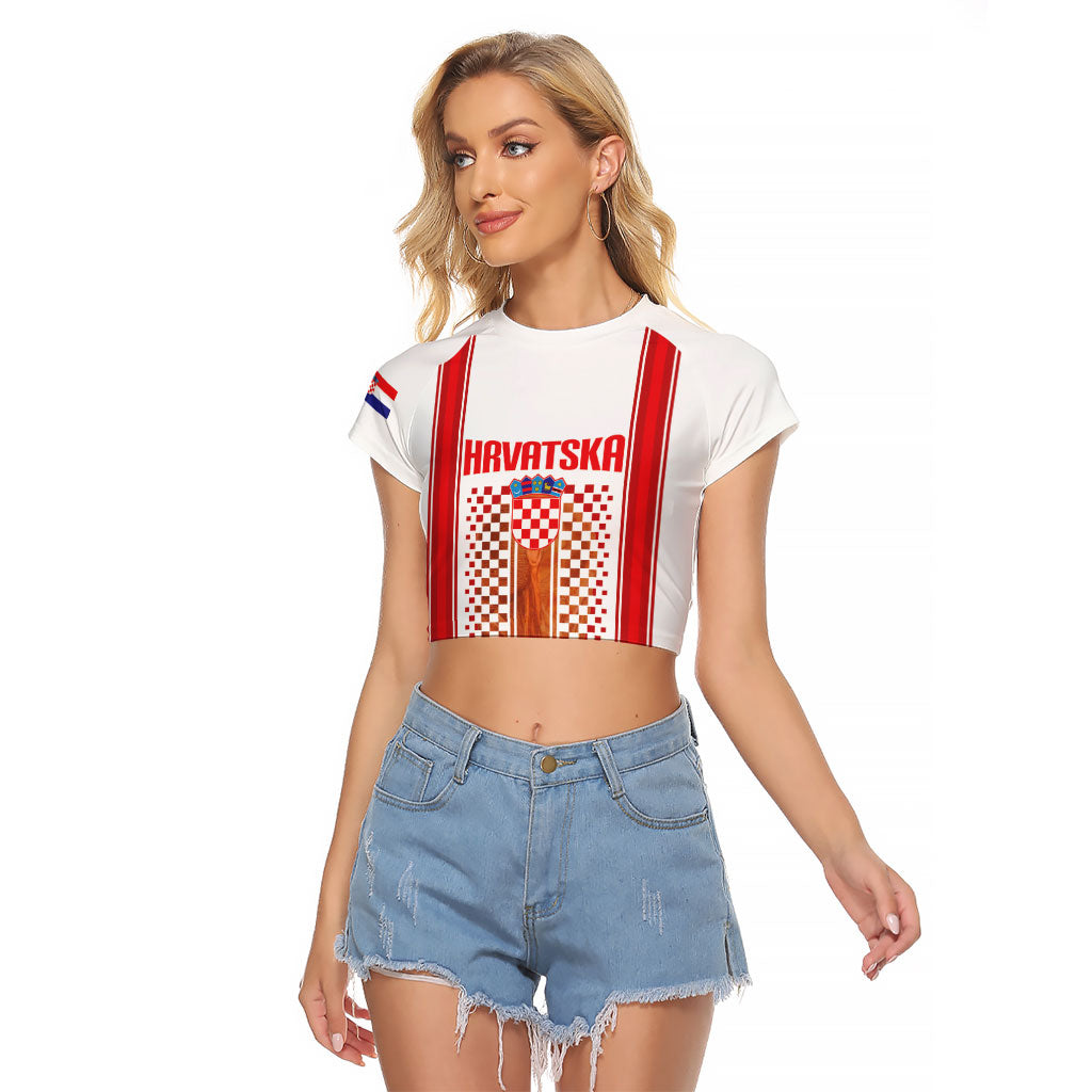 Custom Croatia Football 2026 Raglan Cropped T Shirt Hrvatska Checkerboard Trophy Style