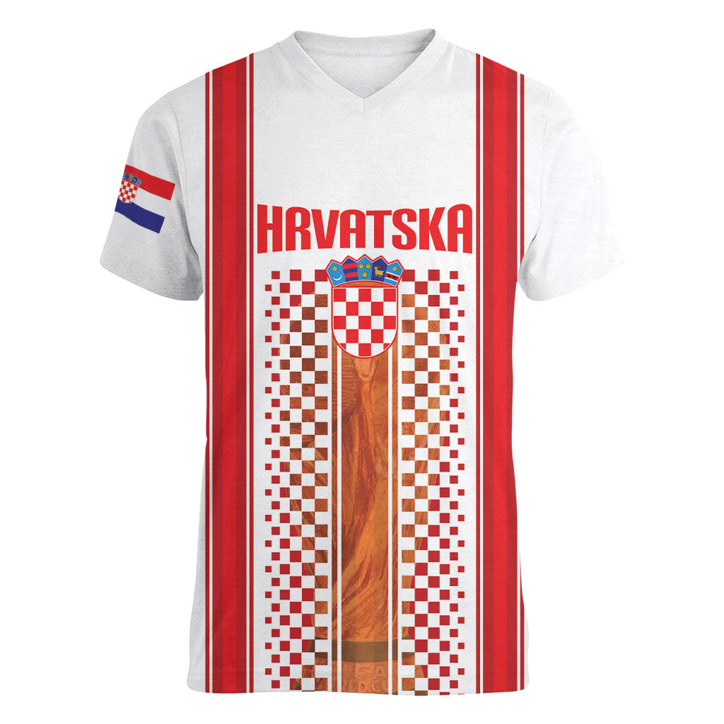 Custom Croatia Football 2026 Women V-Neck T-Shirt Hrvatska Checkerboard Trophy Style