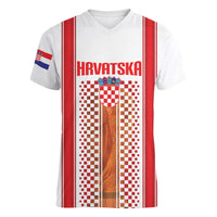 Custom Croatia Football 2026 Women V-Neck T-Shirt Hrvatska Checkerboard Trophy Style