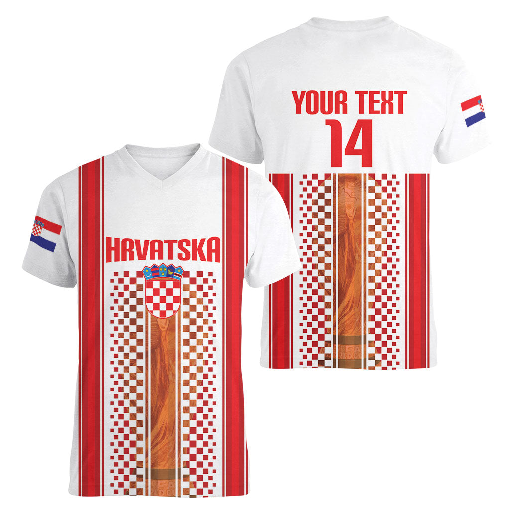 Custom Croatia Football 2026 Women V-Neck T-Shirt Hrvatska Checkerboard Trophy Style