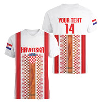 Custom Croatia Football 2026 Women V-Neck T-Shirt Hrvatska Checkerboard Trophy Style