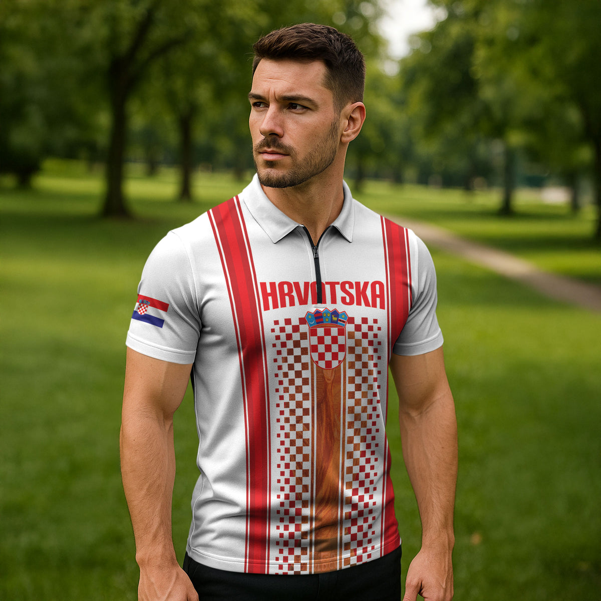 Custom Croatia Football 2026 Zipper Polo Shirt Hrvatska Checkerboard Trophy Style