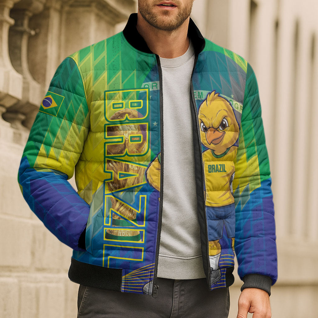 Custom Brazil Football 2026 Bomber Puffer Jacket Canarinho Mascot Bate no Peito