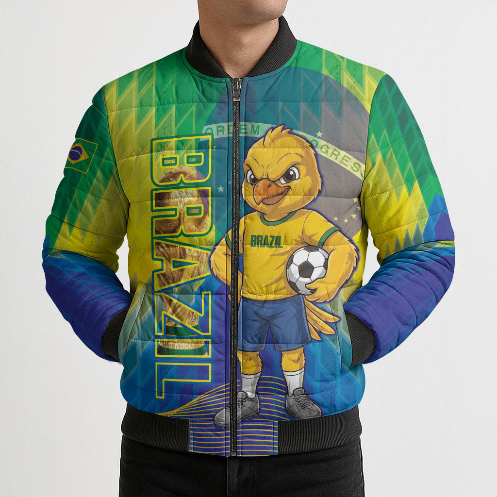Custom Brazil Football 2026 Bomber Puffer Jacket Canarinho Mascot Bate no Peito