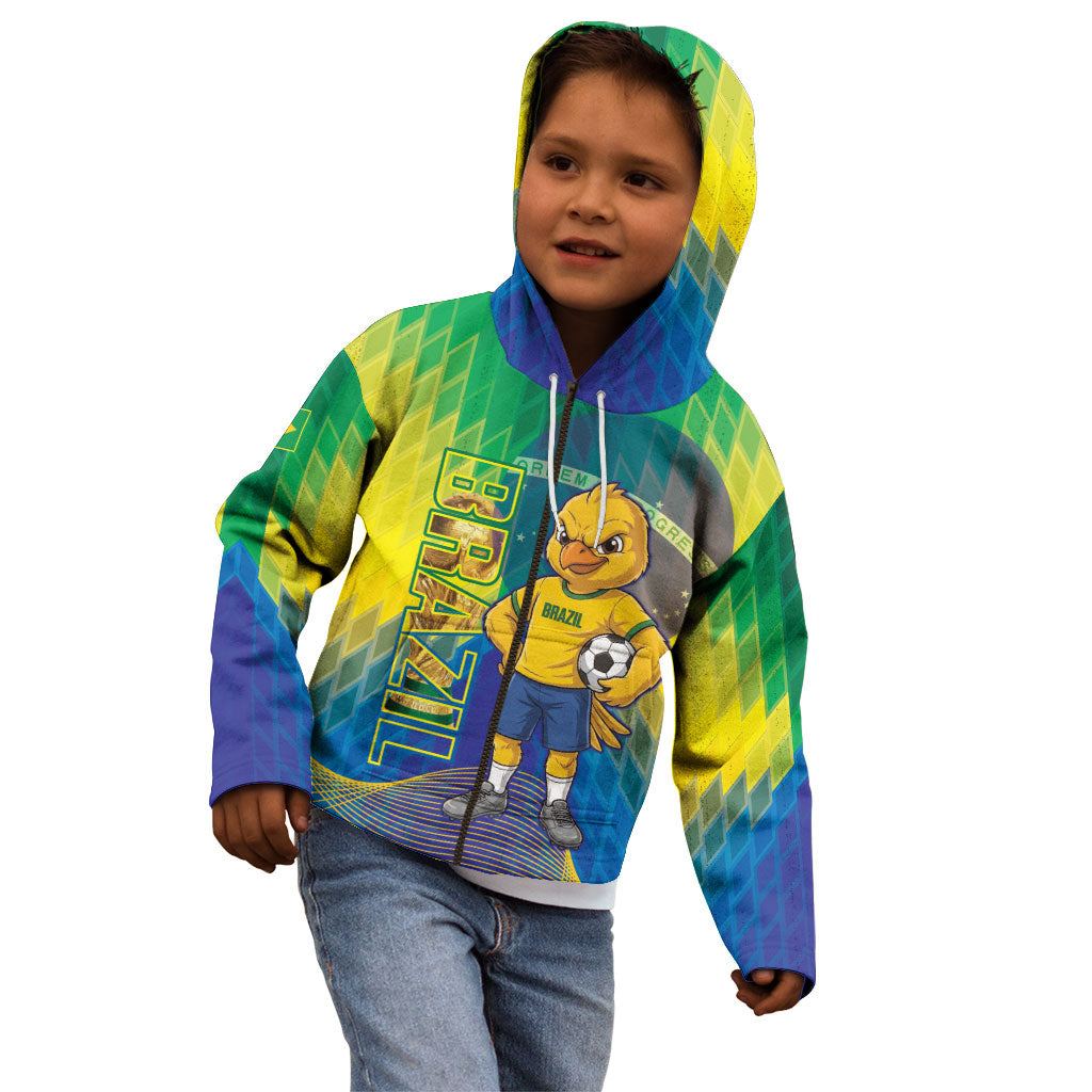 Custom Brazil Football 2026 Kid Hoodie Canarinho Mascot Bate no Peito