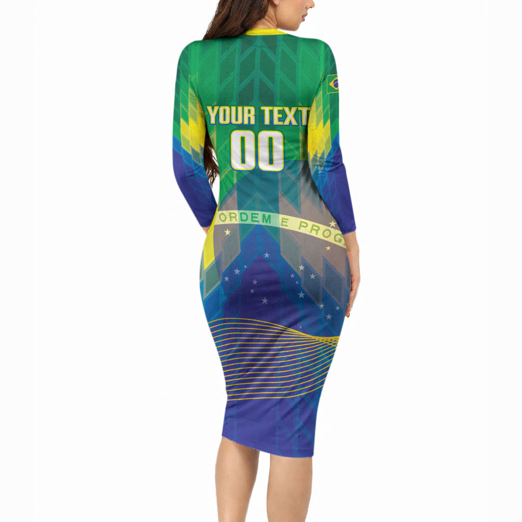 Custom Brazil Football 2026 Long Sleeve Bodycon Dress Canarinho Mascot Bate no Peito