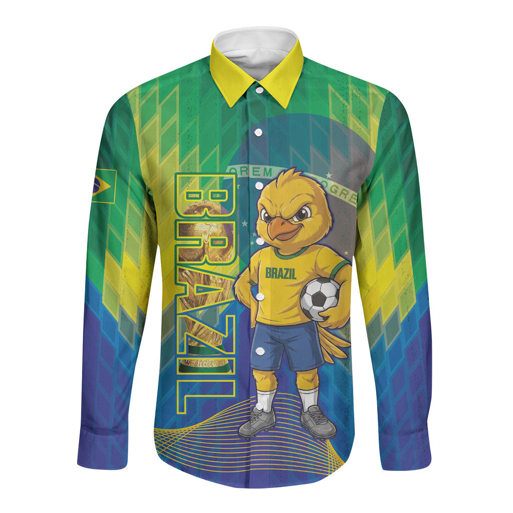 Custom Brazil Football 2026 Long Sleeve Button Shirt Canarinho Mascot Bate no Peito