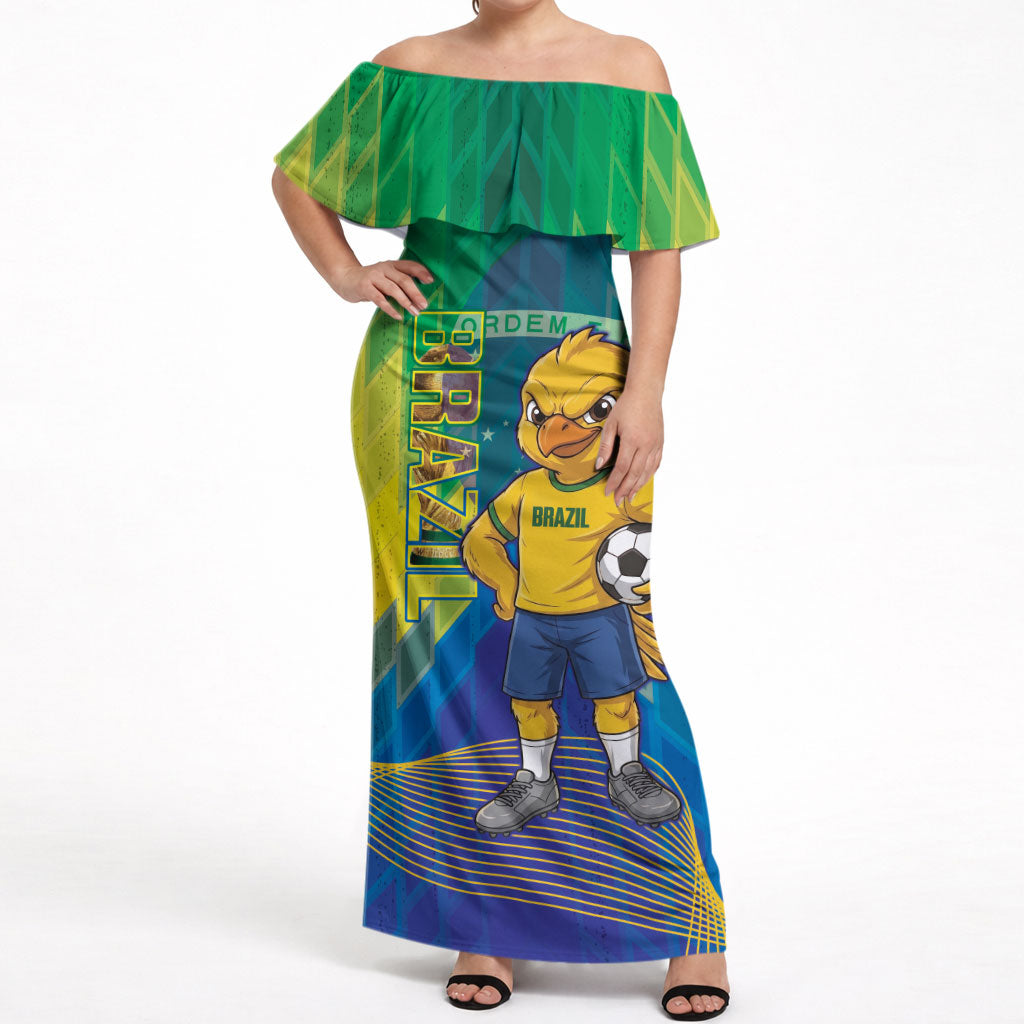 Custom Brazil Football 2026 Off Shoulder Maxi Dress Canarinho Mascot Bate no Peito