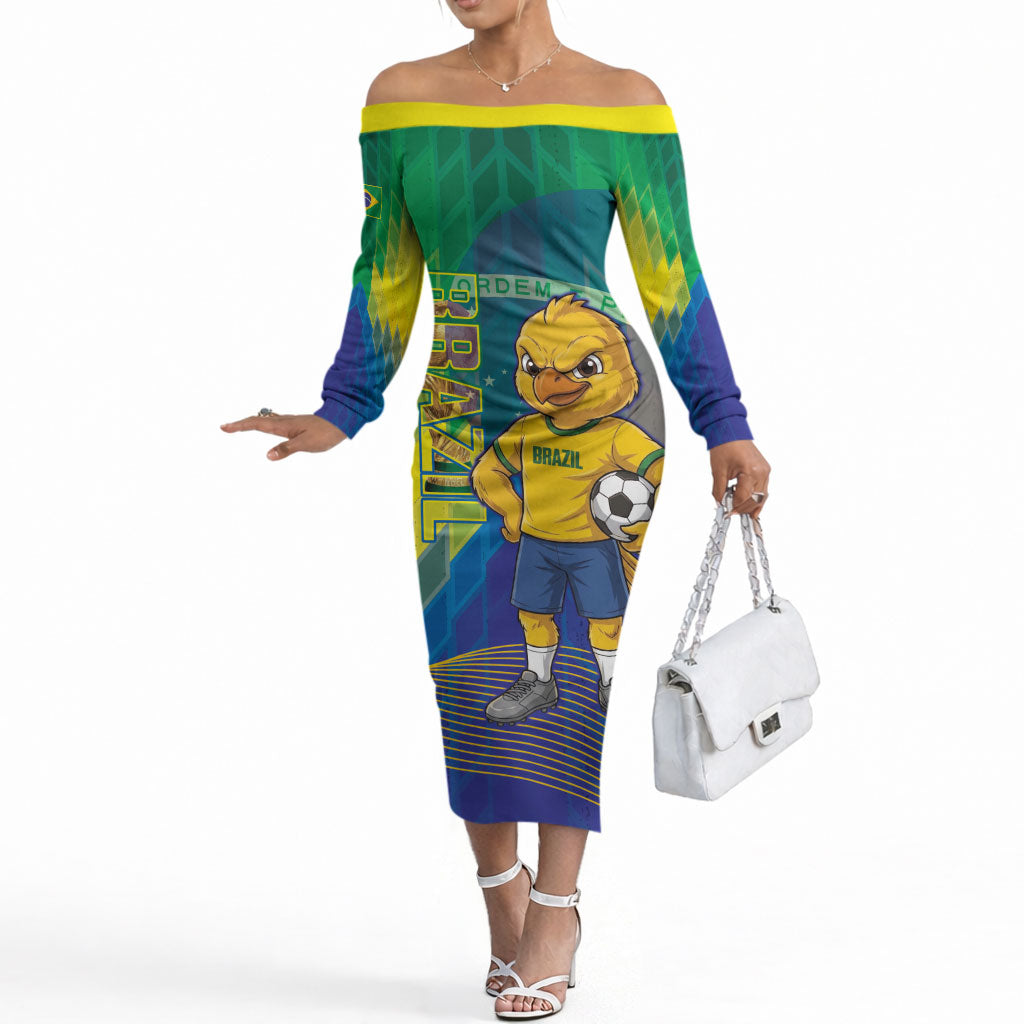 Custom Brazil Football 2026 Off The Shoulder Long Sleeve Dress Canarinho Mascot Bate no Peito