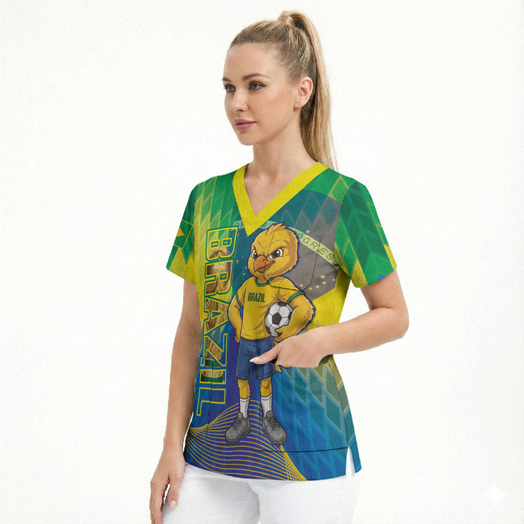 Custom Brazil Football 2026 Scrub Top Canarinho Mascot Bate no Peito