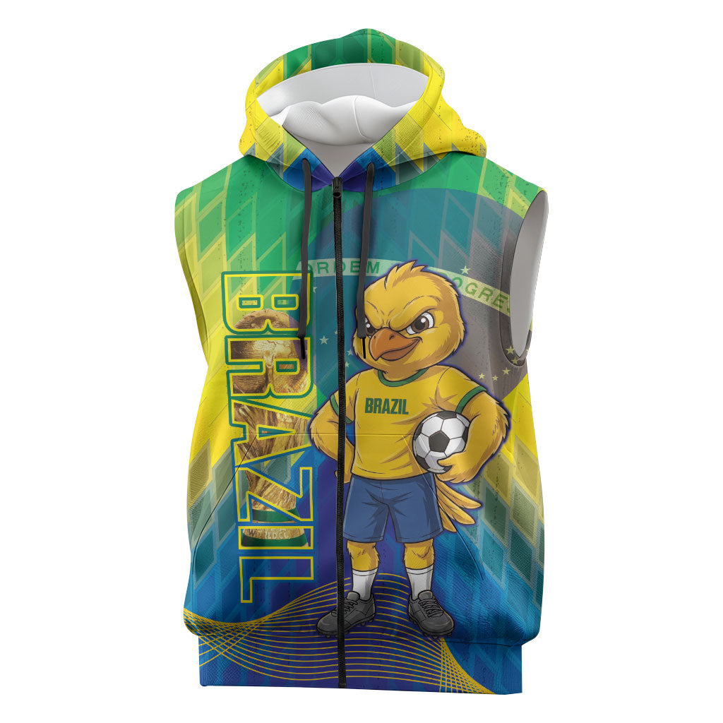 Custom Brazil Football 2026 Sleeveless Zip Hoodie Canarinho Mascot Bate no Peito
