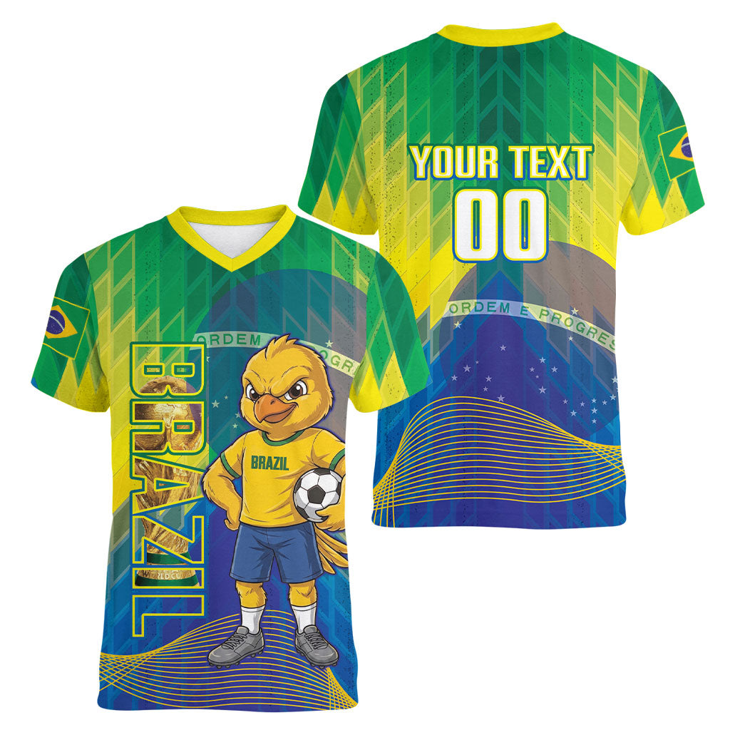 Custom Brazil Football 2026 Women V-Neck T-Shirt Canarinho Mascot Bate no Peito
