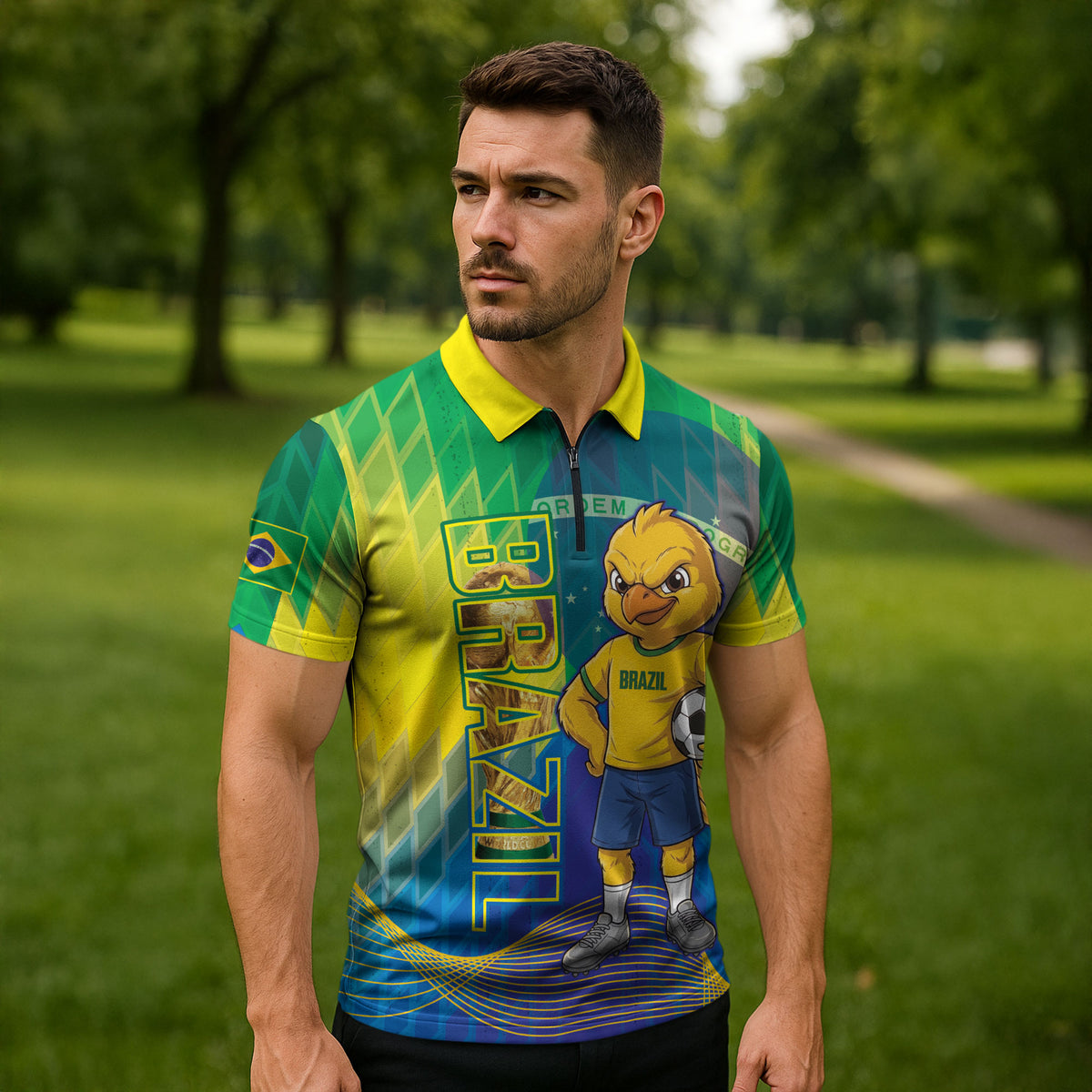 Custom Brazil Football 2026 Zipper Polo Shirt Canarinho Mascot Bate no Peito
