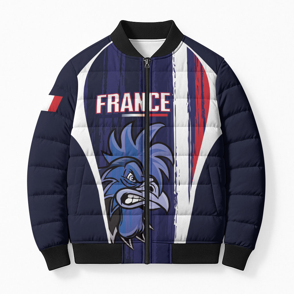 Custom France Football 2026 Bomber Puffer Jacket Allez Les Bleus Flag Brush Style