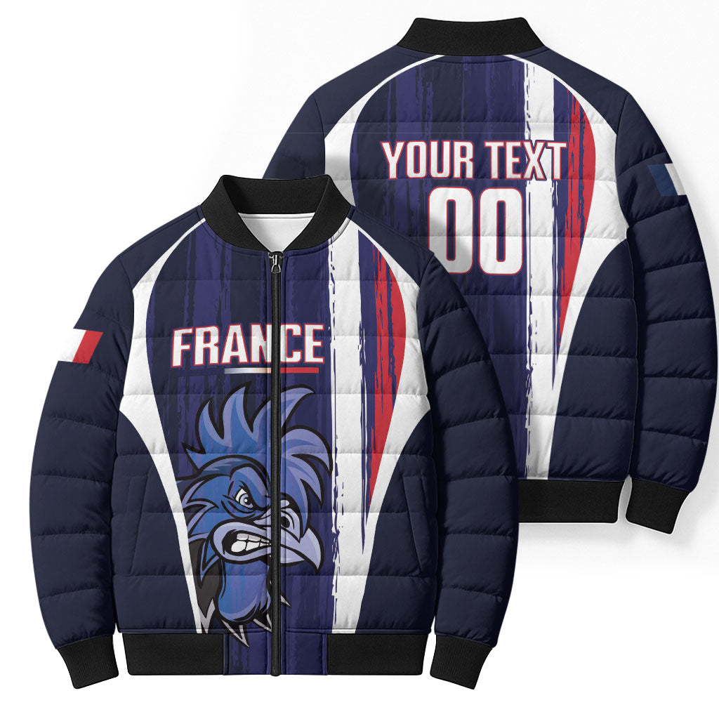 Custom France Football 2026 Bomber Puffer Jacket Allez Les Bleus Flag Brush Style