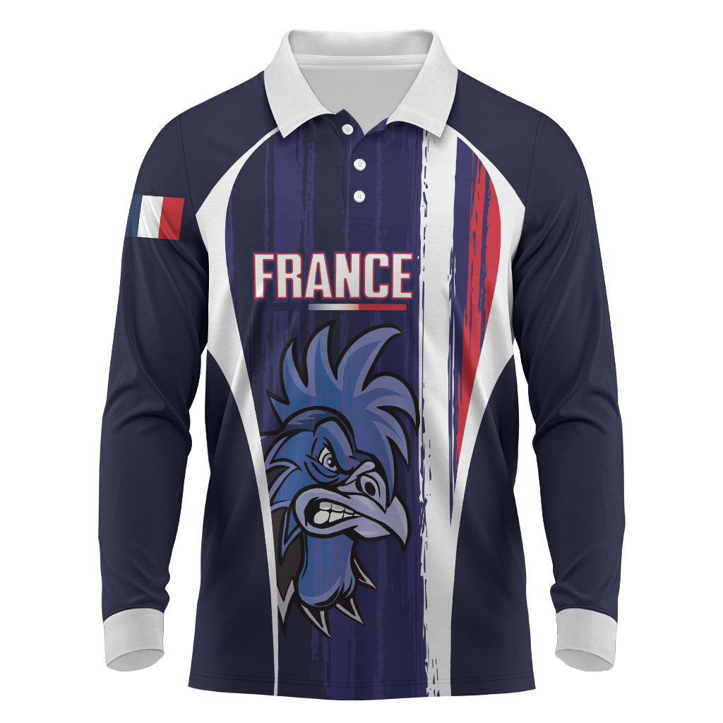 Custom France Football 2026 Long Sleeve Polo Shirt Allez Les Bleus Flag Brush Style