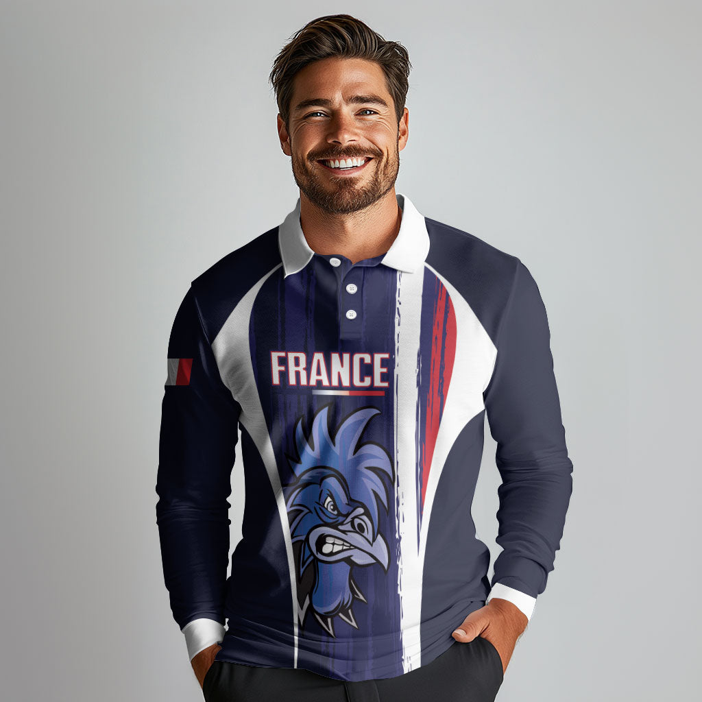Custom France Football 2026 Long Sleeve Polo Shirt Allez Les Bleus Flag Brush Style