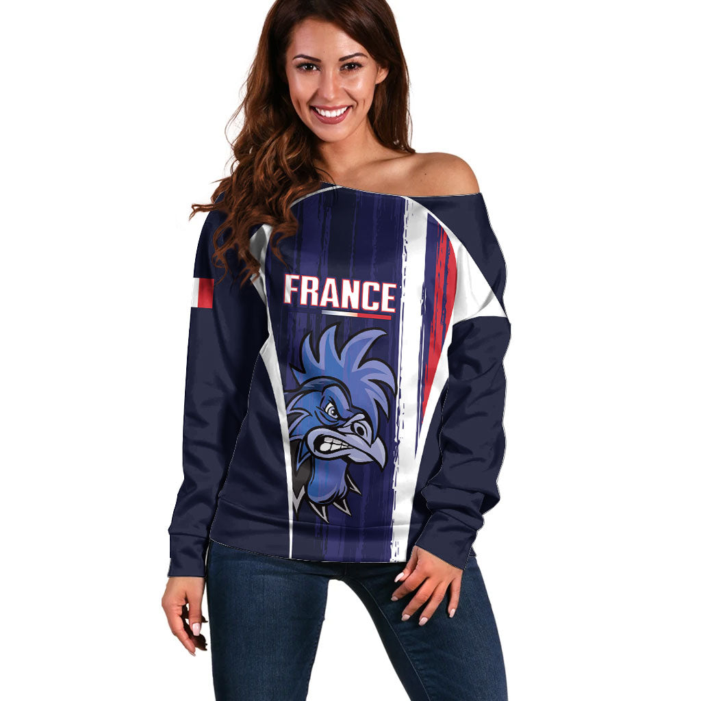 Custom France Football 2026 Off Shoulder Sweater Allez Les Bleus Flag Brush Style