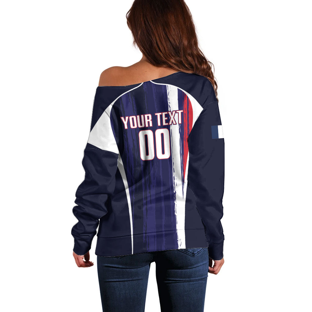Custom France Football 2026 Off Shoulder Sweater Allez Les Bleus Flag Brush Style