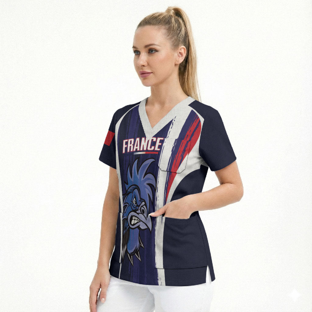 Custom France Football 2026 Scrub Top Allez Les Bleus Flag Brush Style