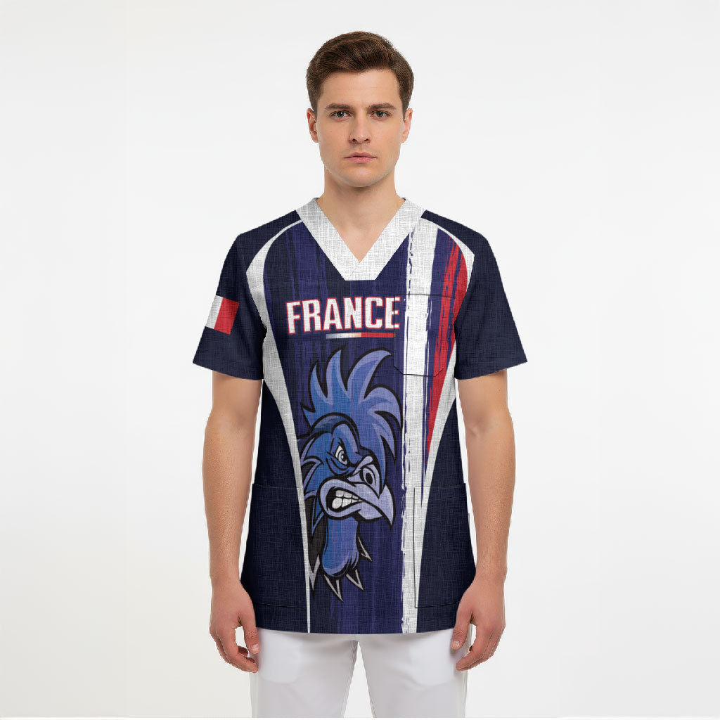 Custom France Football 2026 Scrub Top Allez Les Bleus Flag Brush Style