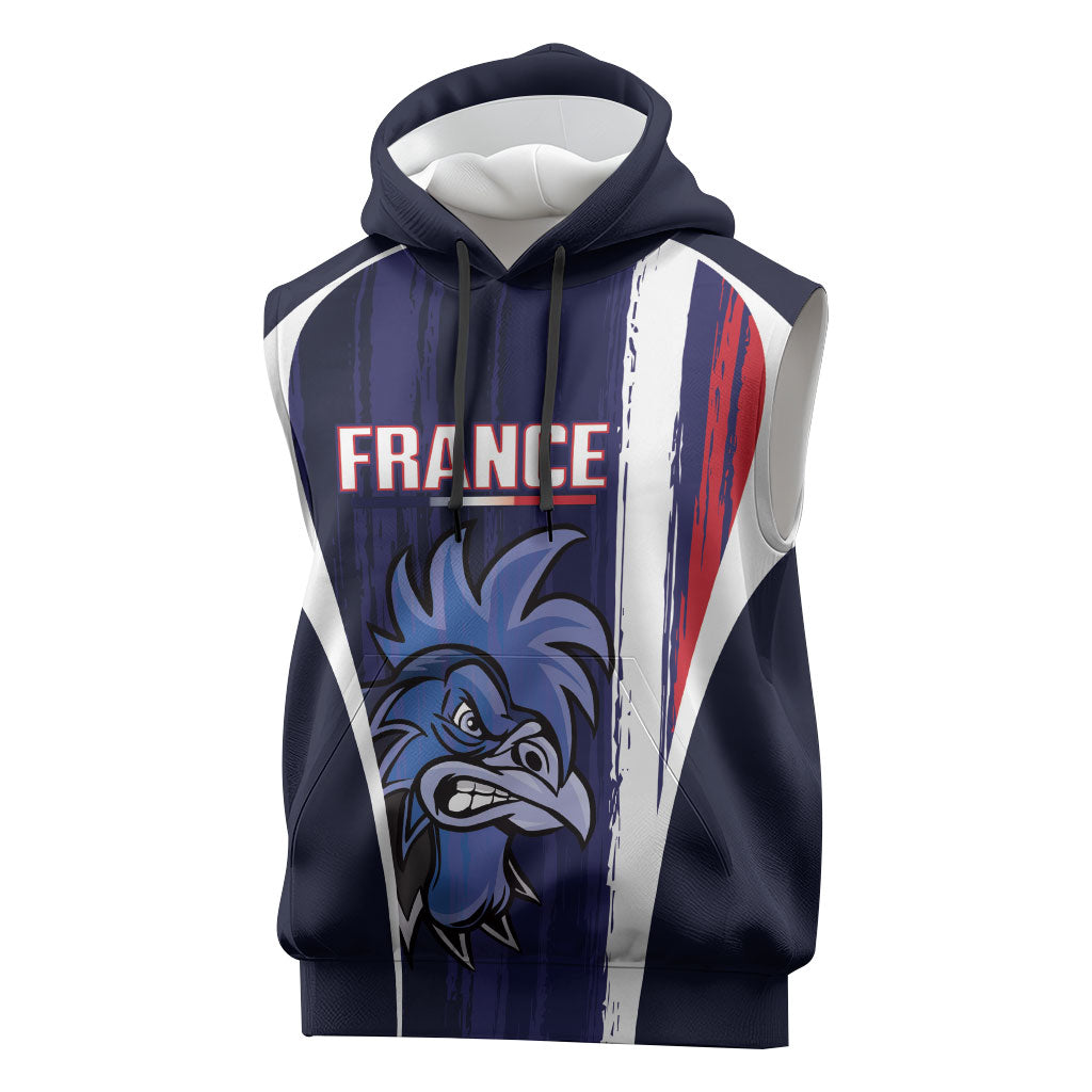Custom France Football 2026 Sleeveless Hoodie Allez Les Bleus Flag Brush Style