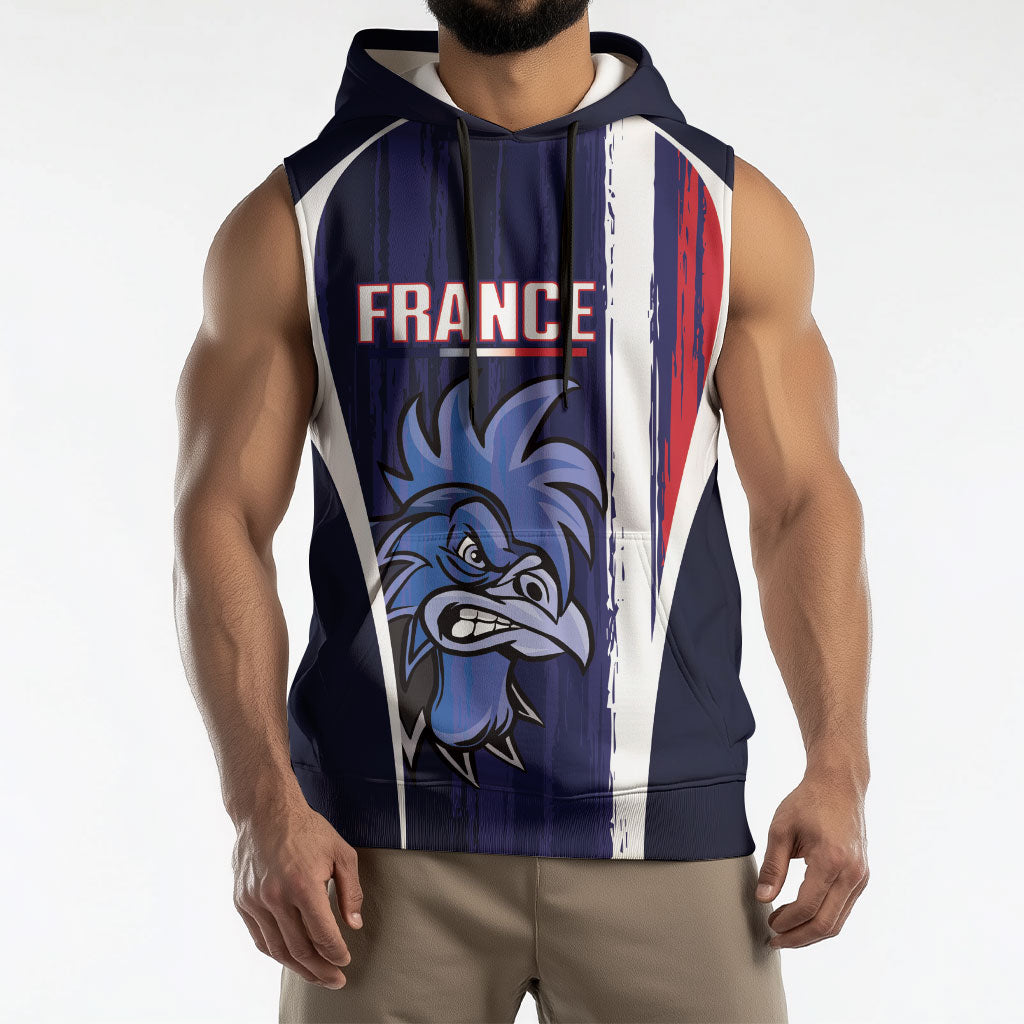Custom France Football 2026 Sleeveless Hoodie Allez Les Bleus Flag Brush Style