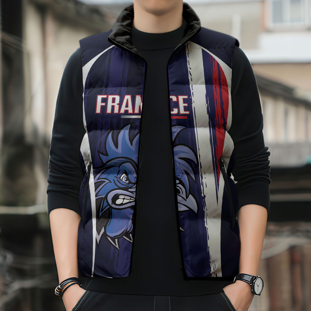 Custom France Football 2026 Sleeveless Puffer Jacket Allez Les Bleus Flag Brush Style