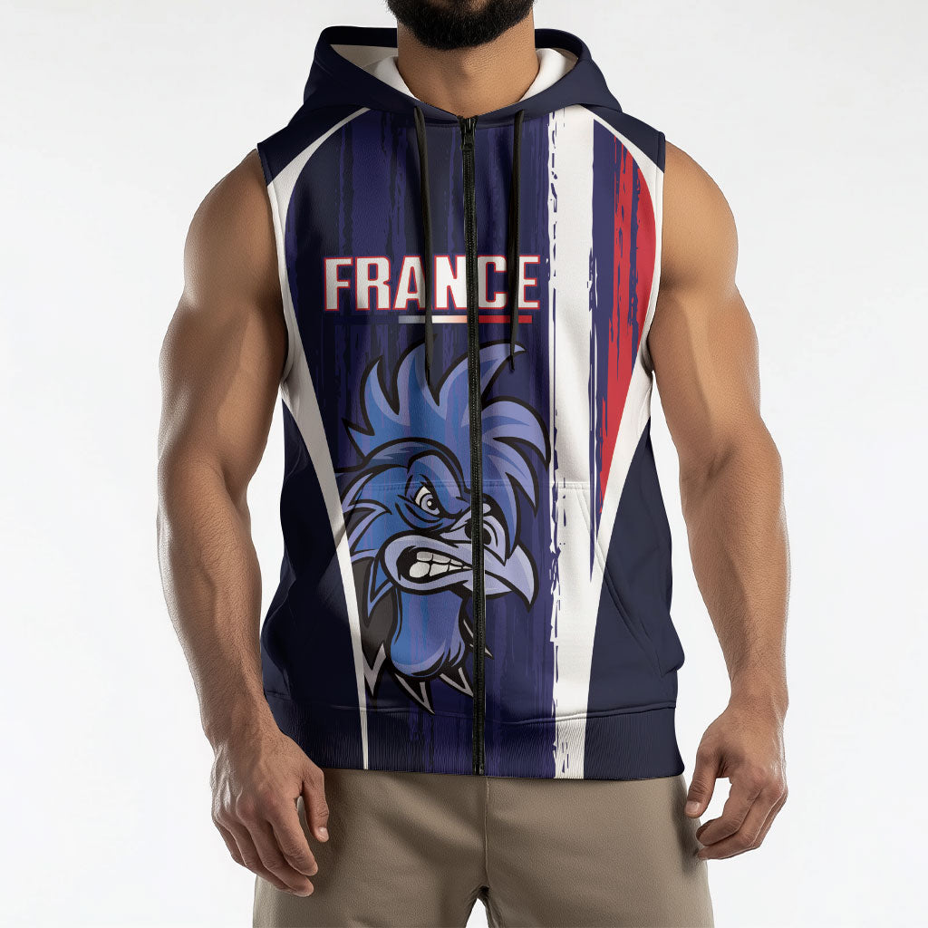 Custom France Football 2026 Sleeveless Zip Hoodie Allez Les Bleus Flag Brush Style