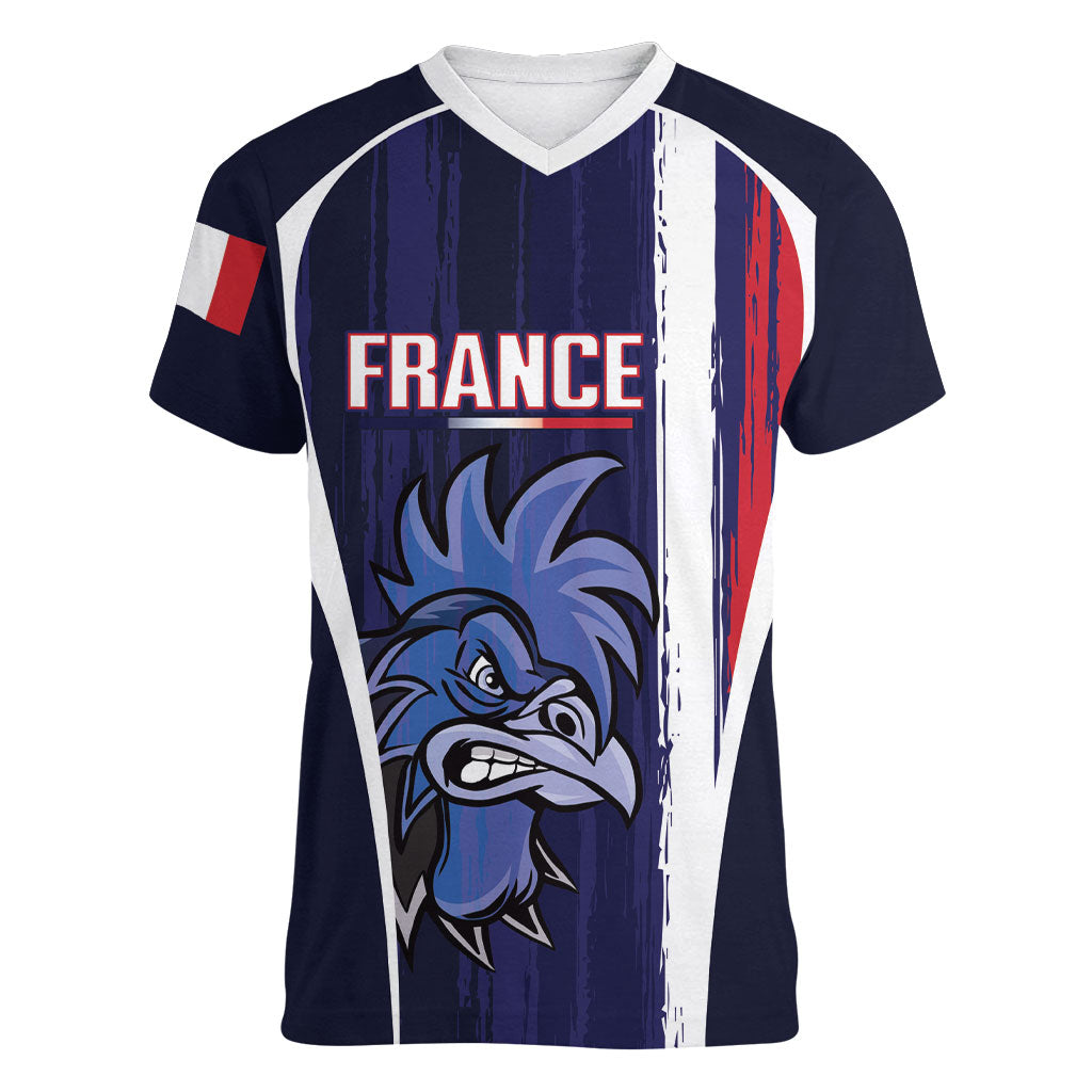 Custom France Football 2026 Women V-Neck T-Shirt Allez Les Bleus Flag Brush Style