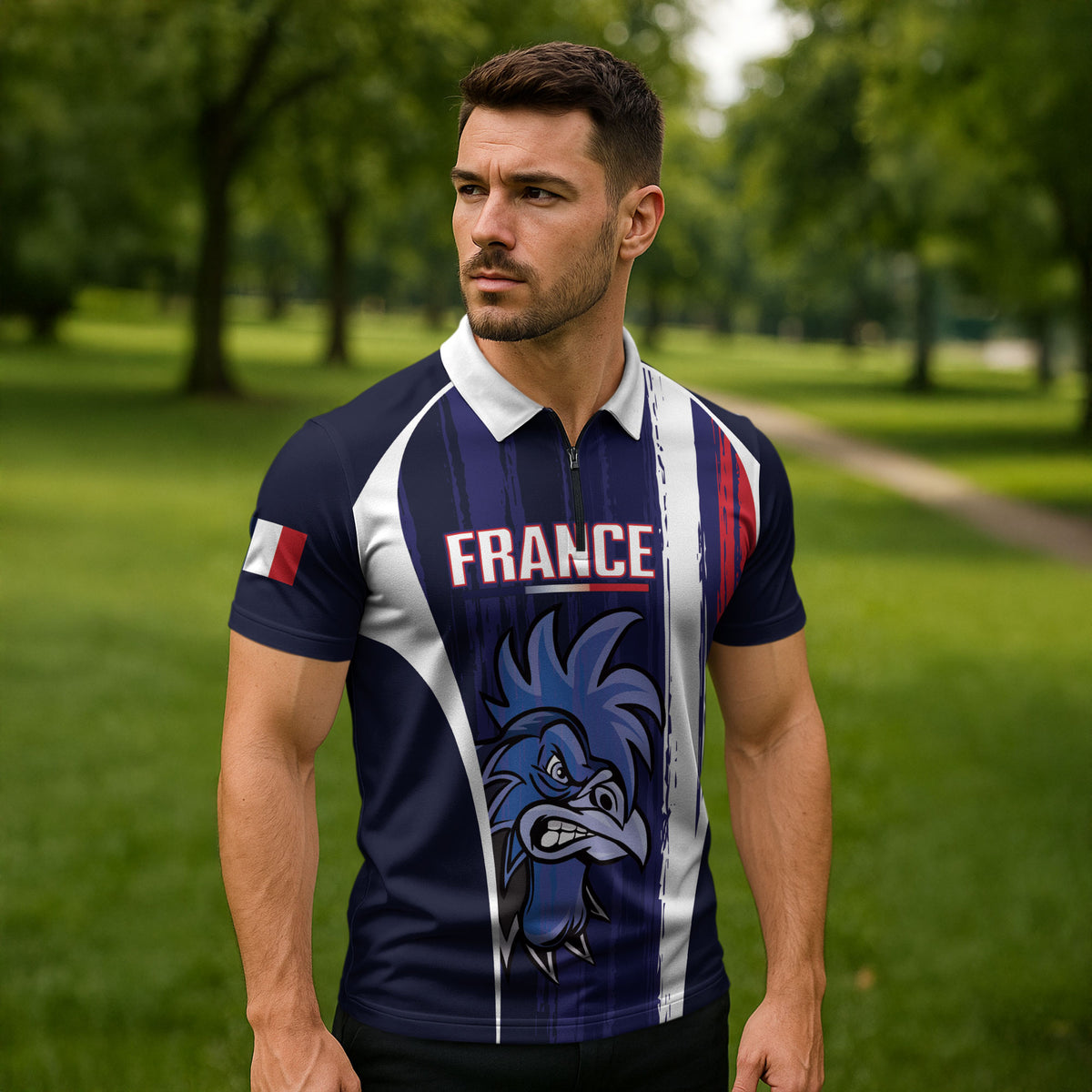 Custom France Football 2026 Zipper Polo Shirt Allez Les Bleus Flag Brush Style