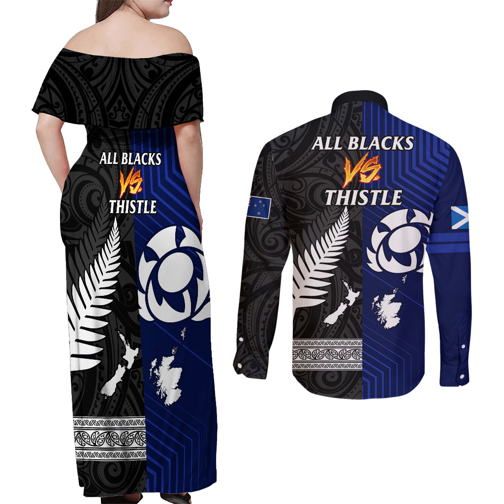 New Zealand and Scotland Rugby Couples Matching Off Shoulder Maxi Dress and Long Sleeve Button Shirts All Black Maori With Thistle Together - Wonder Print Shop