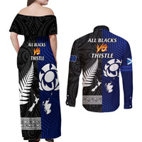 New Zealand and Scotland Rugby Couples Matching Off Shoulder Maxi Dress and Long Sleeve Button Shirts All Black Maori With Thistle Together - Wonder Print Shop
