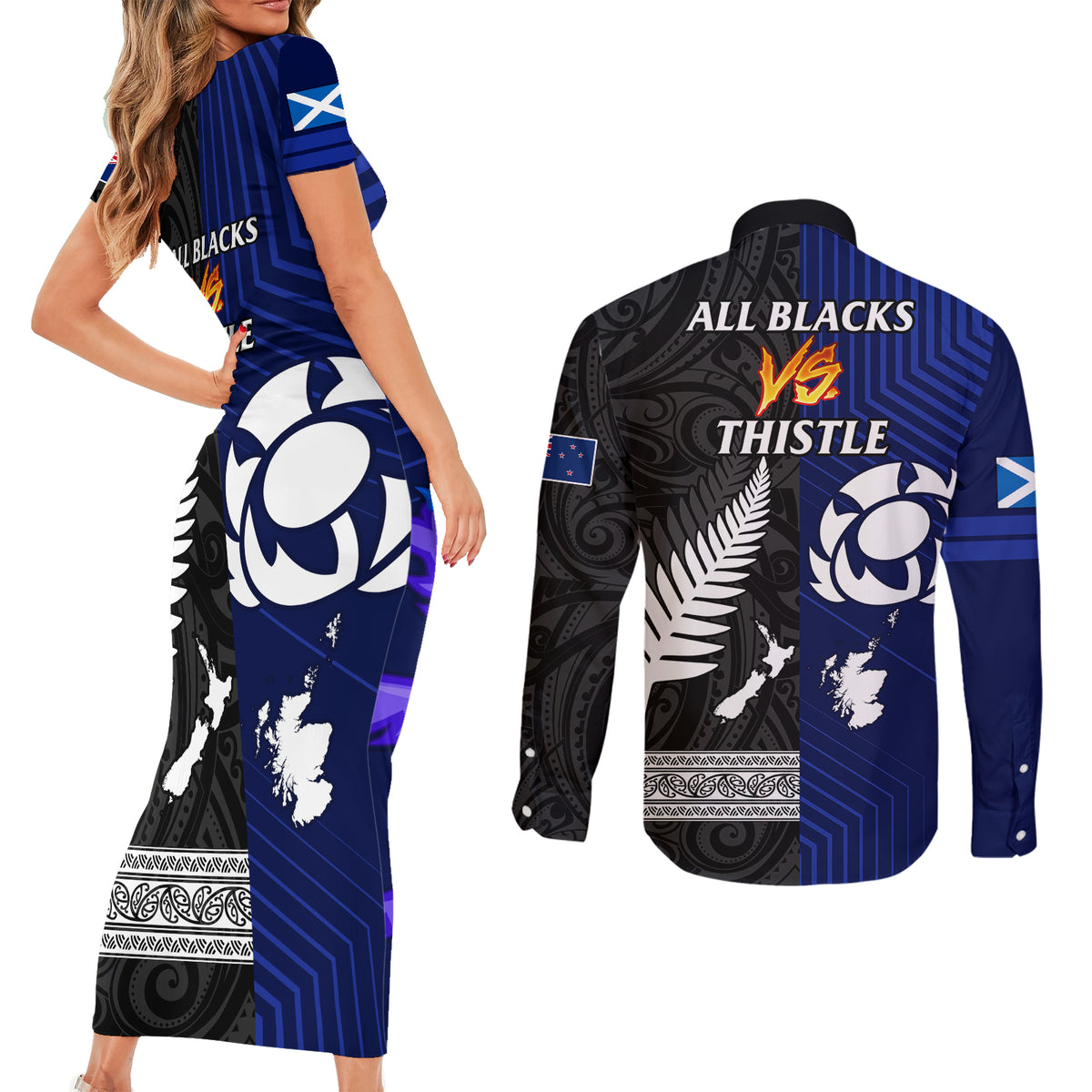 New Zealand and Scotland Rugby Couples Matching Short Sleeve Bodycon Dress and Long Sleeve Button Shirts All Black Maori With Thistle Together - Wonder Print Shop