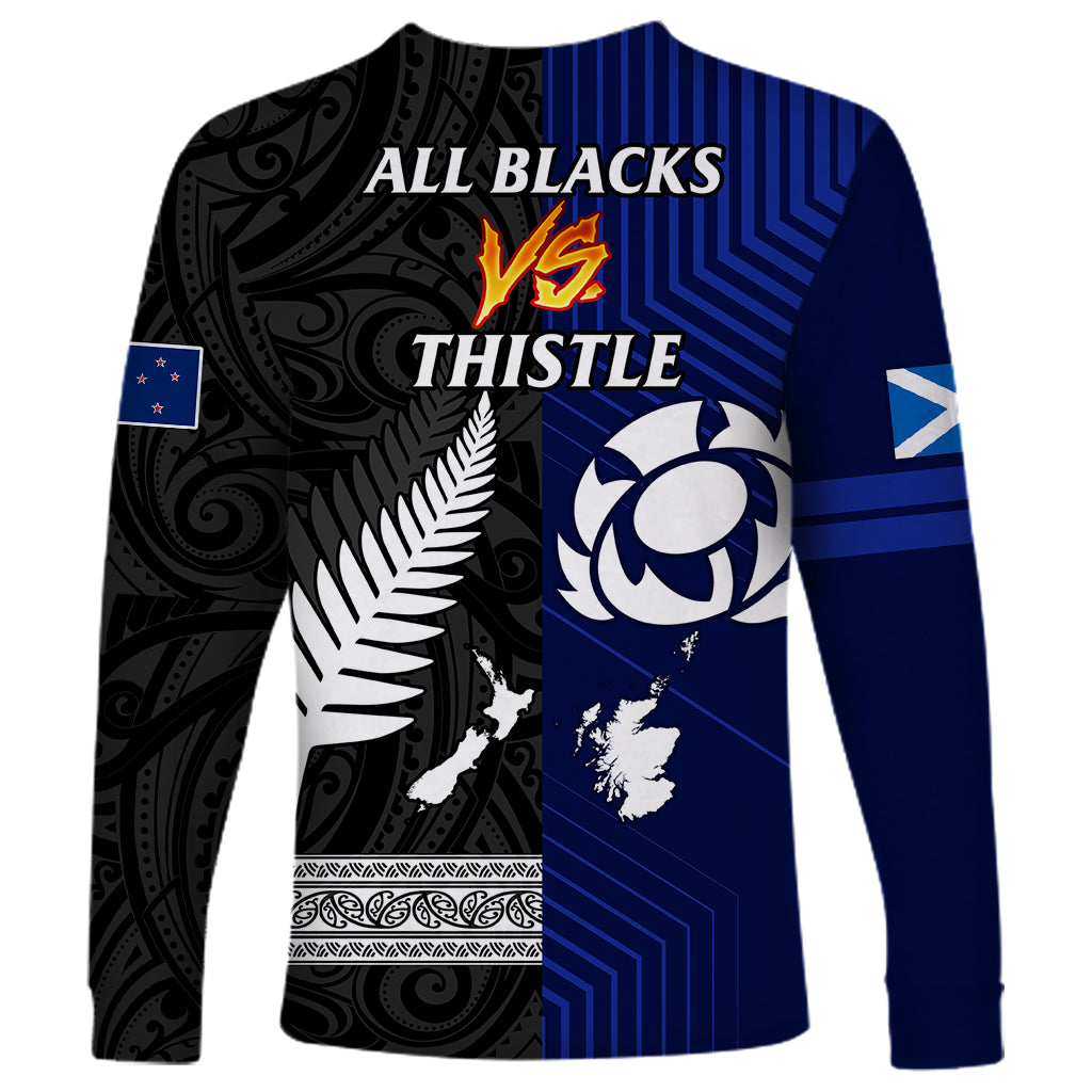 New Zealand and Scotland Rugby Long Sleeve Shirt All Black Maori With Thistle Together - Wonder Print Shop