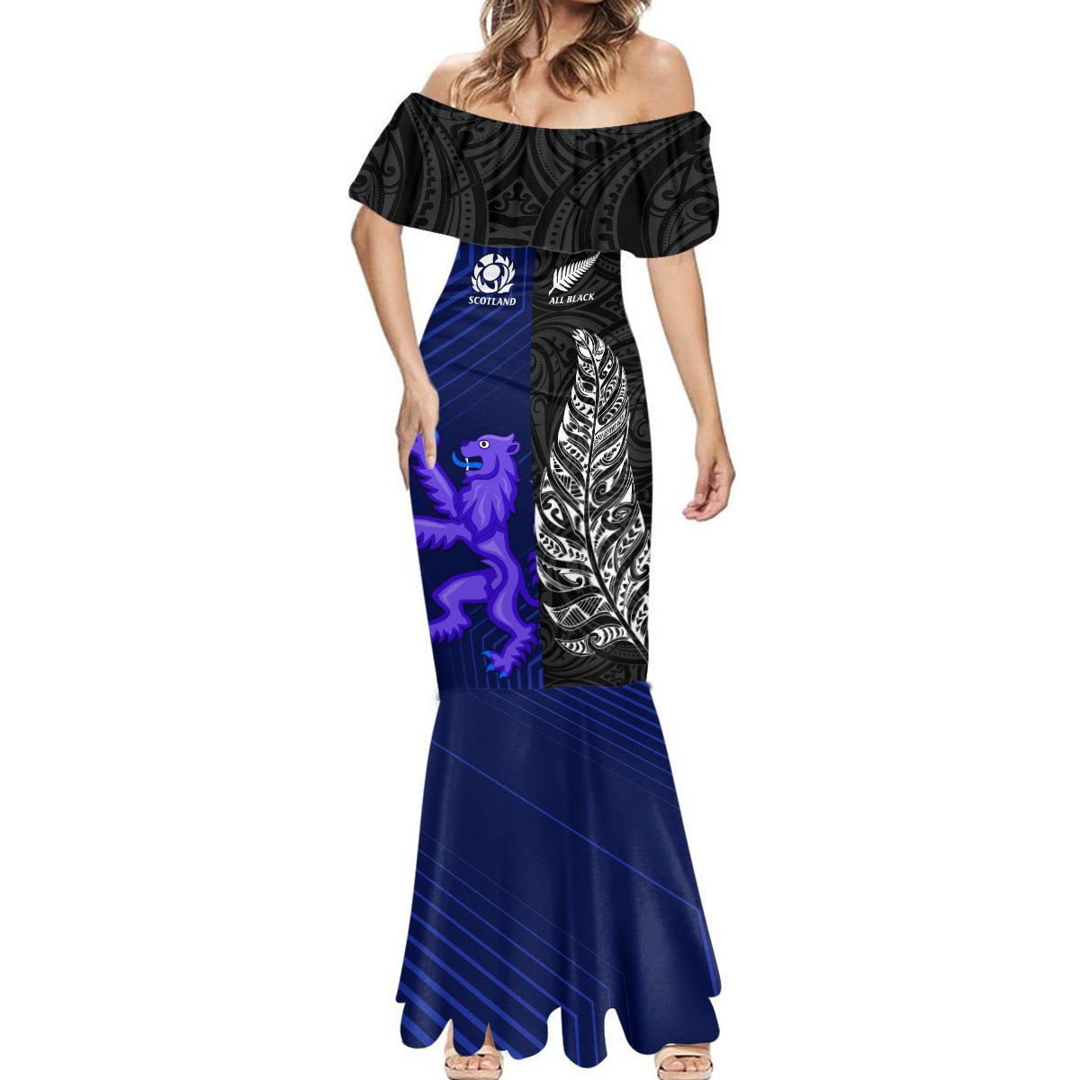 New Zealand and Scotland Rugby Mermaid Dress All Black Maori With Thistle Together - Wonder Print Shop