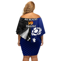 New Zealand and Scotland Rugby Off Shoulder Short Dress All Black Maori With Thistle Together - Wonder Print Shop