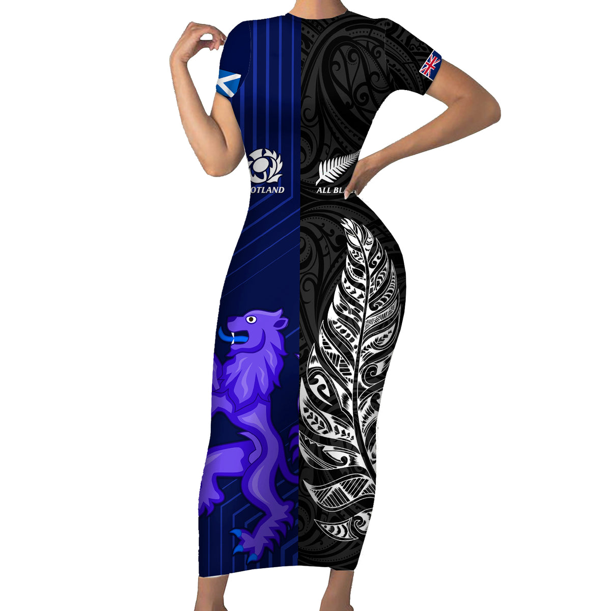 New Zealand and Scotland Rugby Short Sleeve Bodycon Dress All Black Maori With Thistle Together - Wonder Print Shop