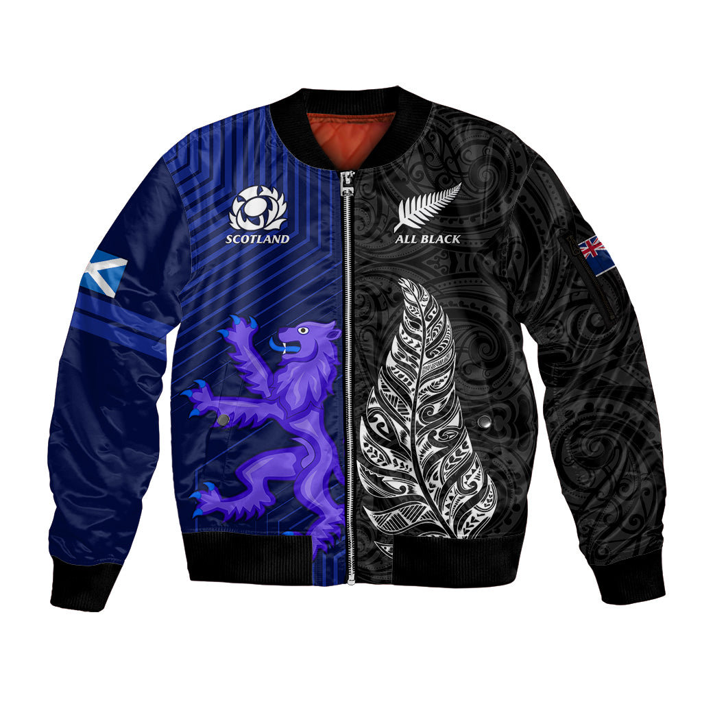 New Zealand and Scotland Rugby Sleeve Zip Bomber Jacket All Black Maori With Thistle Together - Wonder Print Shop