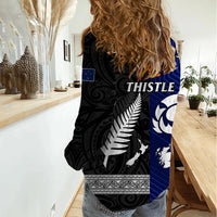 New Zealand and Scotland Rugby Women Casual Shirt All Black Maori With Thistle Together - Wonder Print Shop