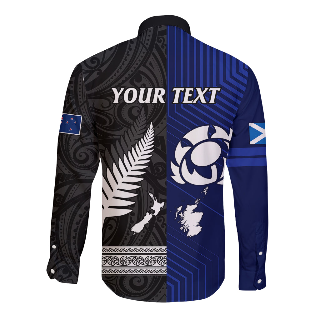 Personalised New Zealand and Scotland Rugby Long Sleeve Button Shirt All Black Maori With Thistle Together - Wonder Print Shop