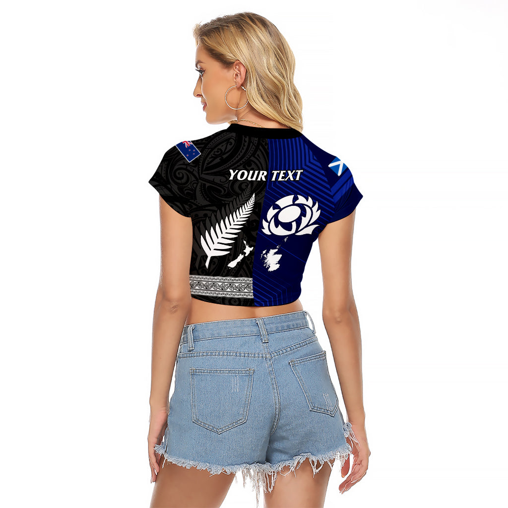 Personalised New Zealand and Scotland Rugby Raglan Cropped T Shirt All Black Maori With Thistle Together - Wonder Print Shop