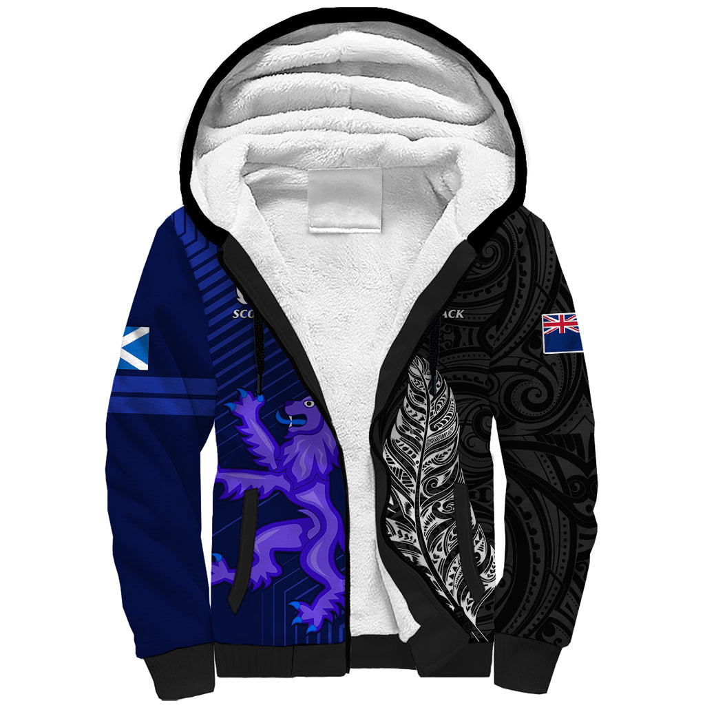 Personalised New Zealand and Scotland Rugby Sherpa Hoodie All Black Maori With Thistle Together - Wonder Print Shop
