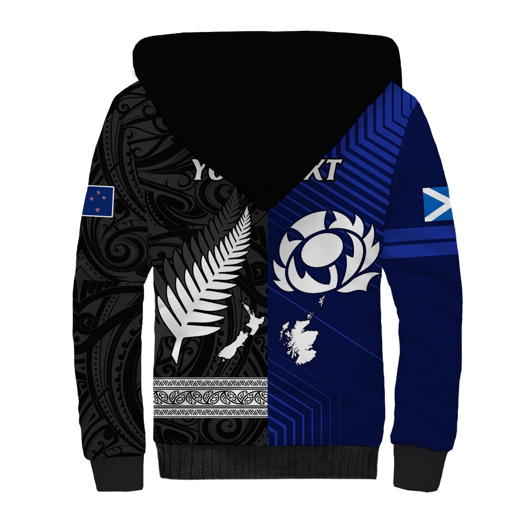 Personalised New Zealand and Scotland Rugby Sherpa Hoodie All Black Maori With Thistle Together - Wonder Print Shop