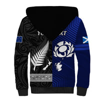 Personalised New Zealand and Scotland Rugby Sherpa Hoodie All Black Maori With Thistle Together - Wonder Print Shop